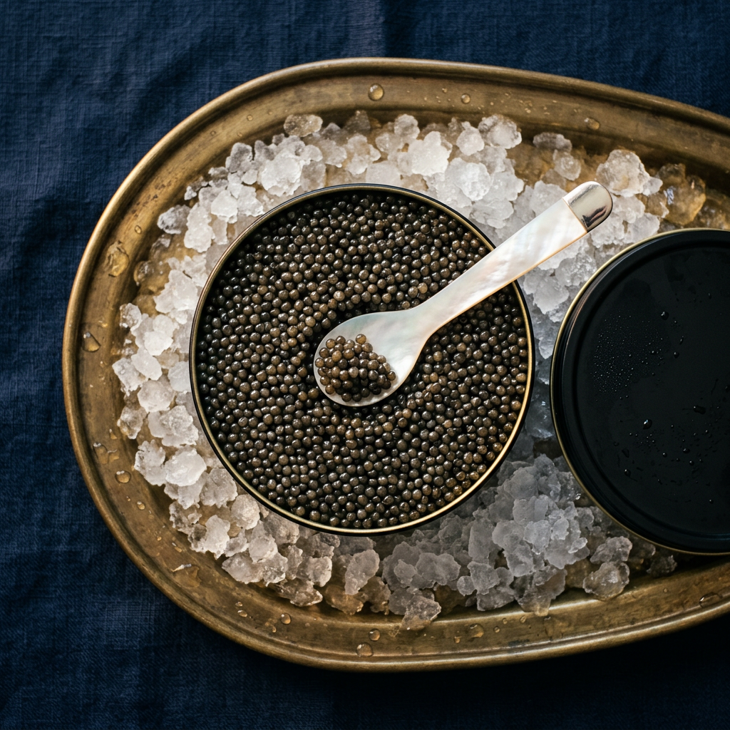 A large round black 250g caviar tin, lid open, dark glistening pearls inside, mother-of-pearl spoon, set on a brass tray