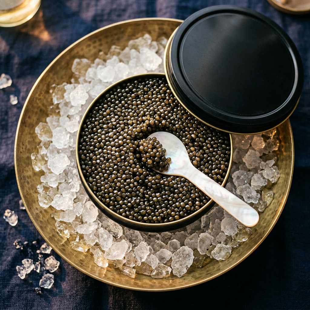An impressive large 500g black caviar tin, half-open, glistening sturgeon roe filling the frame, mother-of-pearl spoon,