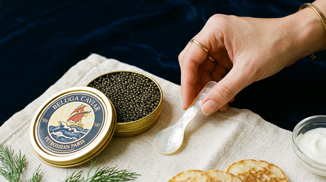 Mother-of-pearl spoon with caviar
