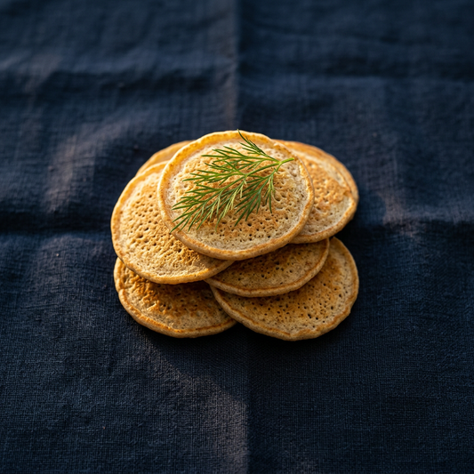 Six small golden buckwheat blinis arranged in a neat pile on dark navy linen, single sprig of dill, no plate, editorial 