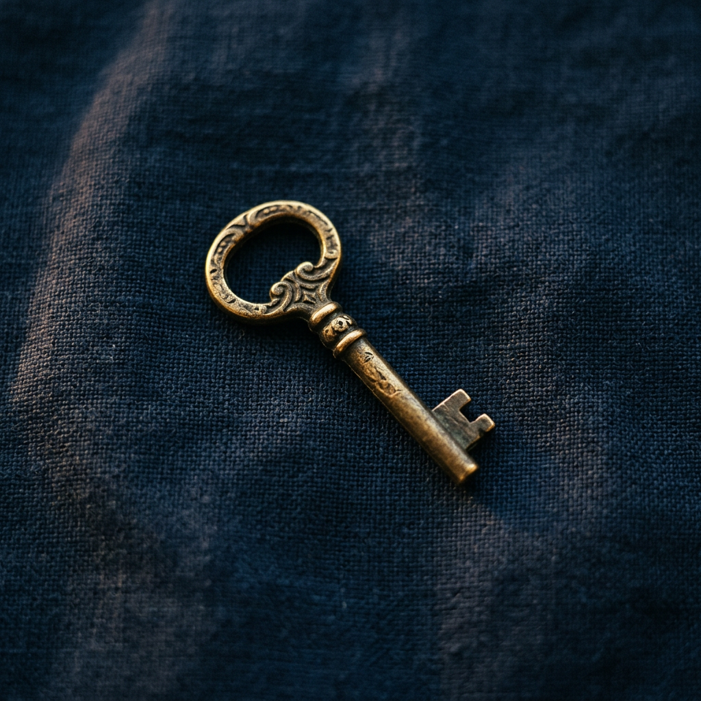 A small antique brass key for opening caviar tins, lying alone on dark navy linen, soft highlights, editorial flat lay p