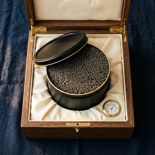 A massive 1kg cylindrical black caviar tin in a refrigerated wooden case lined with cream silk, lid slightly ajar showin