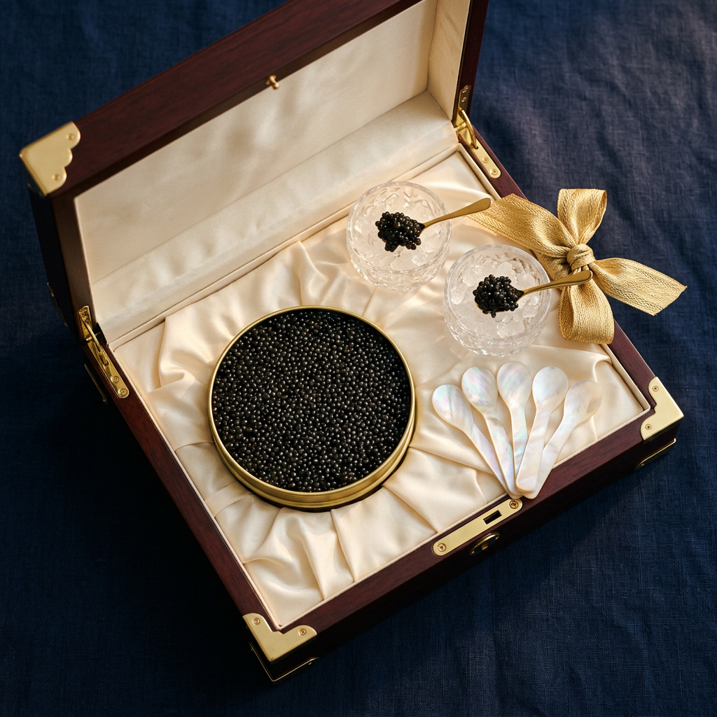 An opulent presentation collector box opened to reveal a large 500g black caviar tin in cream silk lining, four mother-o